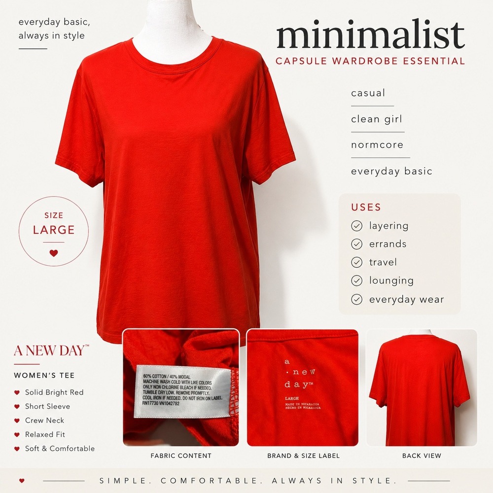 A New Day Red Short Sleeve Crew Neck T-Shirt Cotton Modal Blend Size Large L